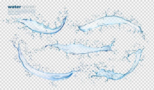Ondas de água azul isolado respingo e fluxo com gotas, respingo de água vetorial realista. Fluxo longo de água transparente ou vazamento de água limpa com gotículas esbugalhadas de bebida espumante de cristal - Vetor, Imagem