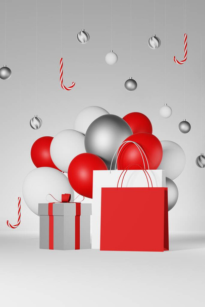 Vánoční prodej 3d vykreslování Prázdné nákupní taška branding mockup červená bílá balónek cukrová třtina míč dárkové krabice šablony. Obchod zimní sleva promo banner Nejlepší cena Nový rok Speciální nabídka nákupní balíček - Fotografie, Obrázek