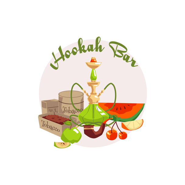 Hookah bar logo template, flat vector illustration isolated on white background. Shisha or waterpipe with tobacco boxes and fresh fruits for flavoring. Watermelon, cherry and apple. - Vector, imagen