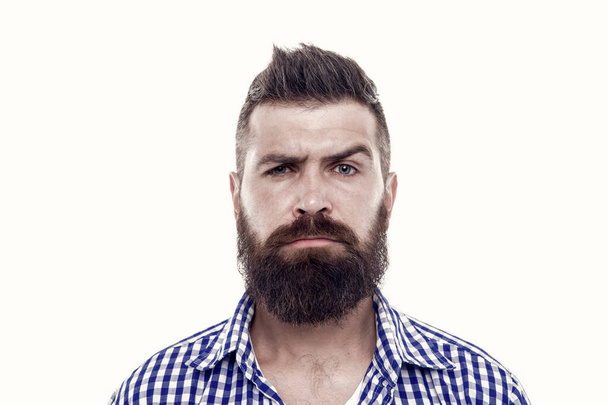 mustache works in city. trendsetter hipster with mustache isolated on white. mustachioed and bearded male. after hairdresser salon. barbershop master. mustache from barber. Mature hipster with beard. - Foto, Bild