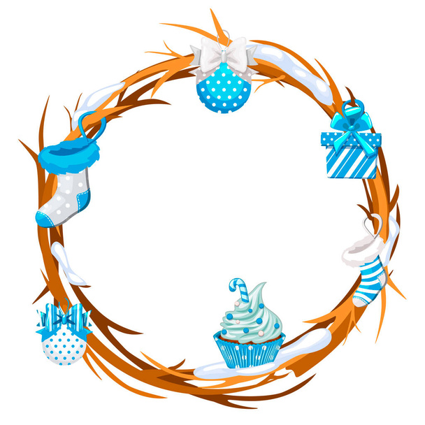 Círculo de dibujos animados de ramitas con atributos de Navidad.Vector Año Nuevo círculo decorativo - Vector, imagen