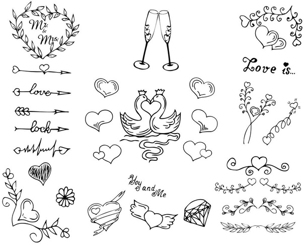 Set, beautiful stylized wedding, festive design for holiday invitations, cards, dividers, floral tender branches. Modern beautiful templates. Original hand drawing. Isolated on background - Vektori, kuva
