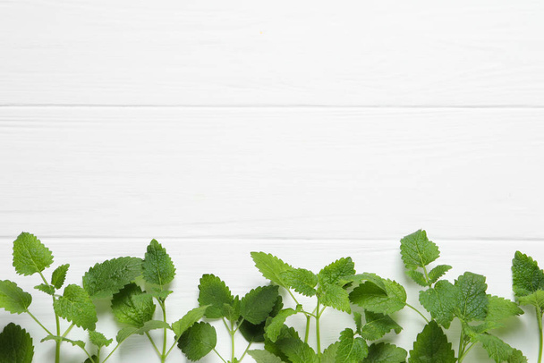 Fresh lemon balm on white wooden table, flat lay. Space for text - Фото, зображення