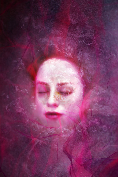 Un volto pacifico di una donna addormentata è coperto e circondato da rose bianche e luminose, dietro veli trasparenti. - Foto, immagini