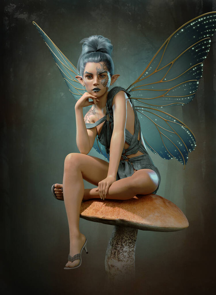 3d computer graphics of a fairy sitting on a mushroom - Photo, Image