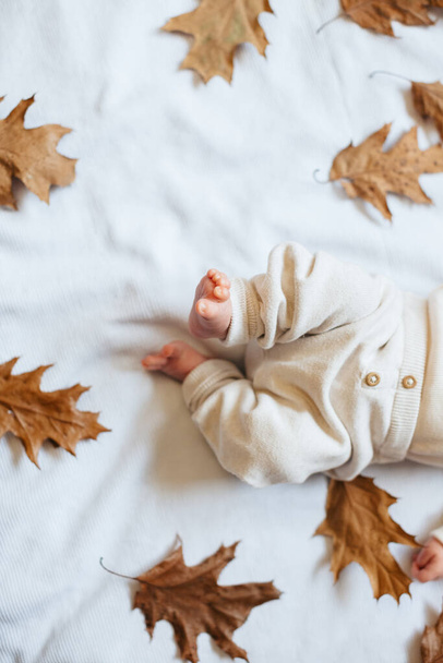 Piedini bambino in pantaloni beige tra foglie gialle autunnali su fondo bianco. Sfondo autunno. - Foto, immagini