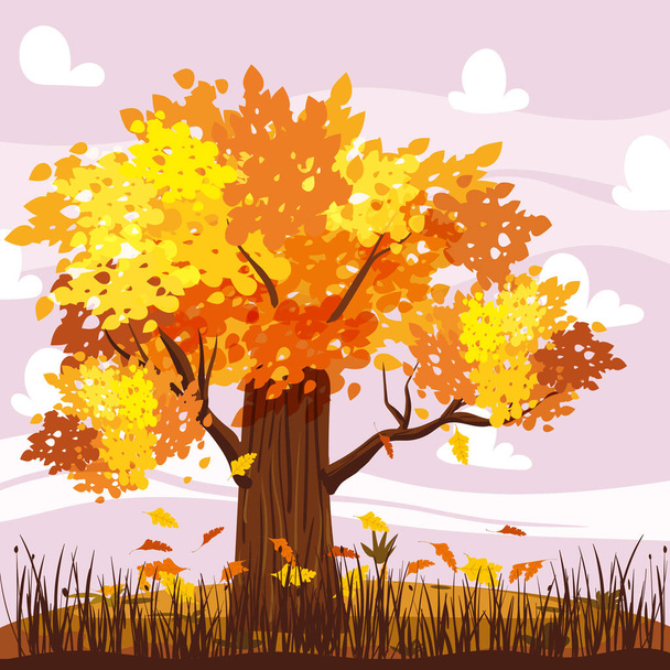 Jesienny krajobraz z dębem żółtym, pomarańczowym, opadłymi liśćmi. Sezon wiejski, wieś. Wektor ilustracja rysunek styl tło - Wektor, obraz