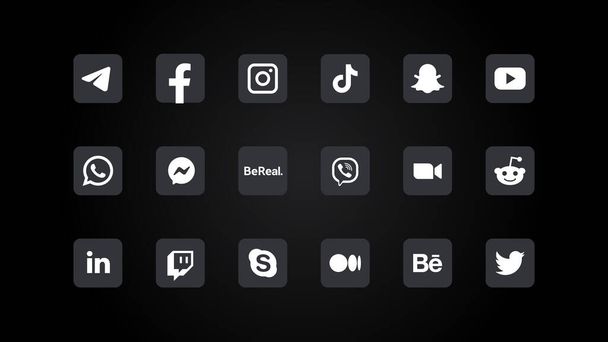 Collection of Popular Social Medias and Messengers Logos Illustrations Реалістичний редактор. Monochrome Gray and White Square Buttons with Rounded Corners on Black Background Веб - елемент - Вектор, зображення