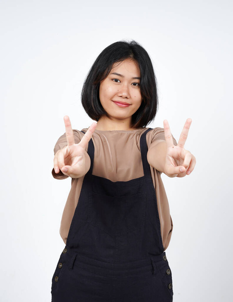 Showing Peace Sign of Beautiful Asian Woman Isolated On White Background - Fotografie, Obrázek