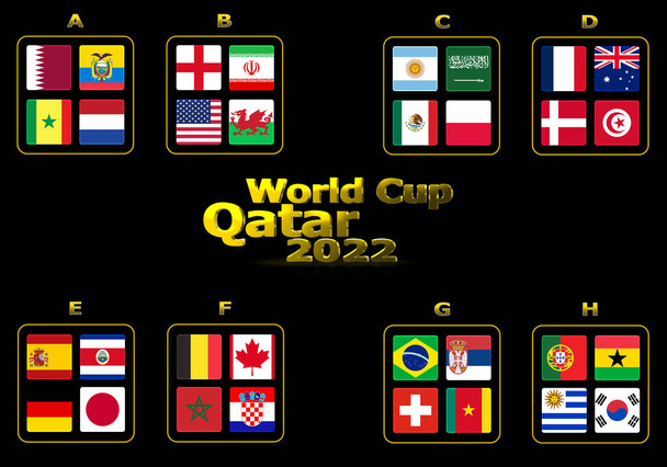 3d illustration groups of World Cup Qatar 2022 championship. All 32 qualifying countries. - Photo, image