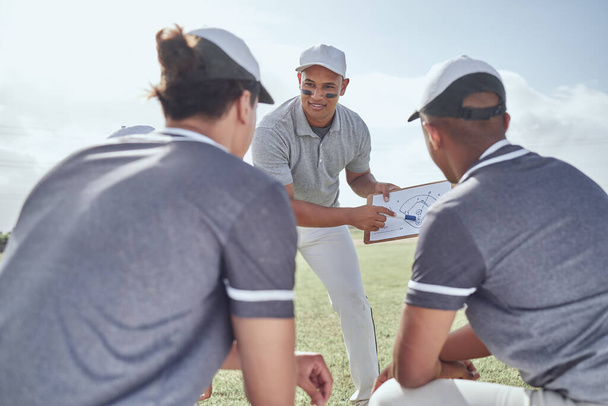 Happy baseball coach, team or strategy for planning on paper clipboard for match exercise, event training or game workout on field. Coaching, motivation or teamwork fitness for sports or health goals. - Foto, afbeelding
