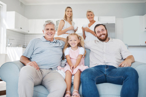 Relax, smile and portrait of happy big family sitting on sofa in the living room of their home. Happiness, grandparents and parents with girl child from Canada resting and bonding with love in lounge. - Fotoğraf, Görsel