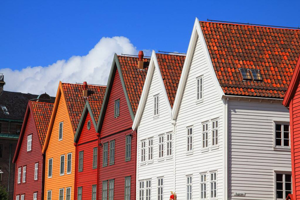 Bergen city in Norway. Bryggen quarter, UNESCO World Heritage Site. - Фото, изображение