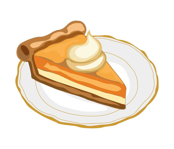 Pie piece flat vector illustration. Tasty cake slice on plate decorated with whipped cream isolated on white background. Delicious pastry, traditional american cheesecake. Baked dessert design element - Vector, Imagen