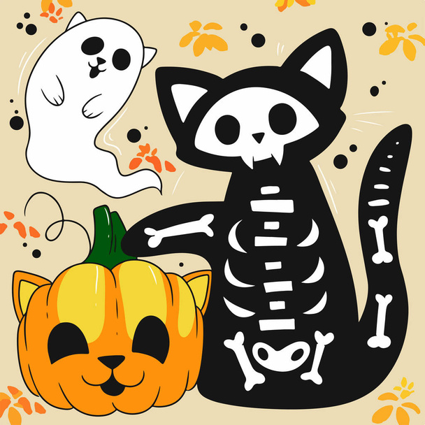 Illustration of skeleton cat and funny halloween pumpkin against beige background. - Вектор, зображення