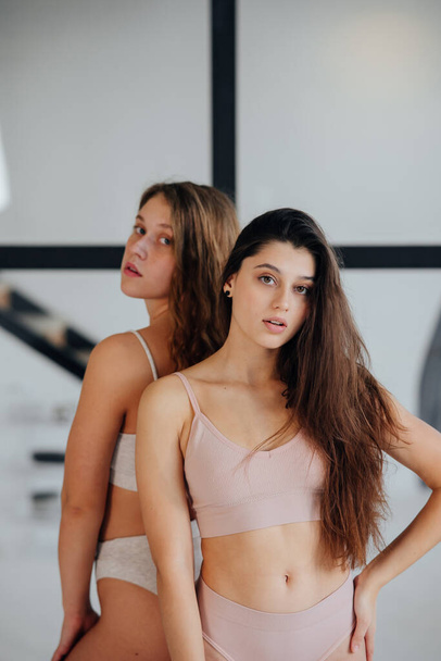 Two young women standing wearing lingerie at home - Fotografie, Obrázek