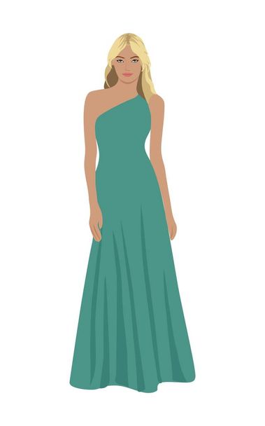 Beautiful girl wearing evening dress, formal gown for celebration, wedding, Christmas Eve or New Year  party. Pretty female character vector realistic illustration isolated on white. - Vector, Image