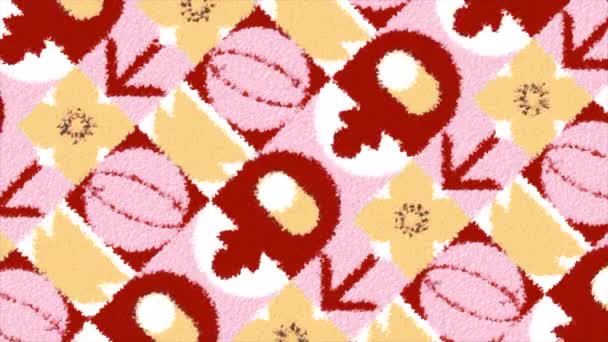 Modèle floral coloré kaléidoscope unique. Motion. Carrés kaléidoscopiques abstraits avec figures géométriques floues et silhouettes florales - Séquence, vidéo