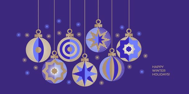 Deep blu y encabezado de Navidad de oro con adornos decorativos de bolas. Cabecera geométrica de Navidad azul noche. Patrón vectorial para postal, tarjeta, póster, encabezado, grises navideños. - Vector, Imagen