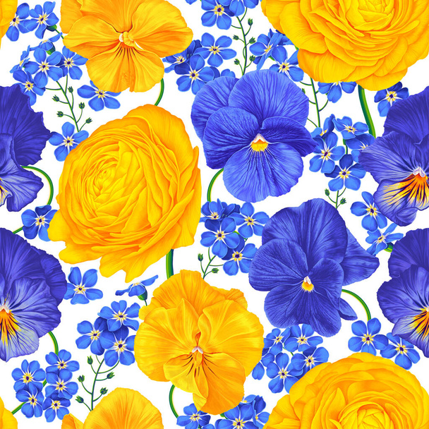 Botanical vector seamless pattern. Realistic flowers in yellow and blue colors. Ranuculus, pansies and forget-me-not on white background. Template for wallpaper, textiles, clothing design, banner - Vector, afbeelding