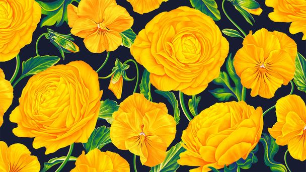 Vodorovné vektorové květinové pozadí. Žluté květy na tmavém pozadí. Buttercups, ranunculus, macešky, Viola realistické rostliny nakreslené ručně pro váš design, tapety, pohlednice, příspěvky bannery  - Vektor, obrázek