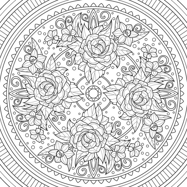 Mandala with roses. Ornament. Abstraction.Coloring book antistress for children and adults. Illustration isolated on white background.Zen-tangle style. - Vector, Image