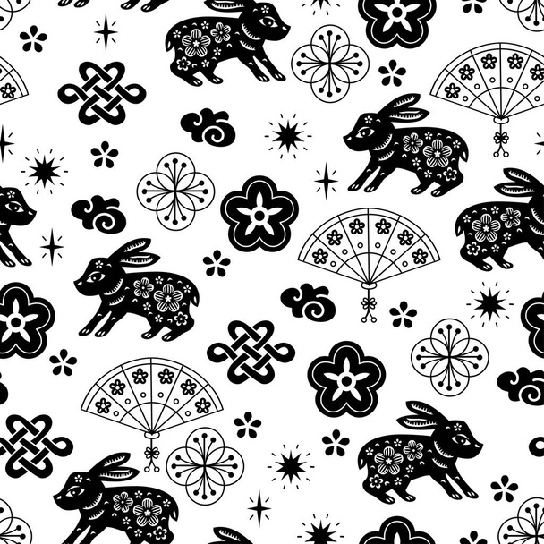 Chinês tradicional ornamento oriental fundo, signos do zodíaco padrão de coelho sem costura. Japonês, elementos chineses. Textura asiática para impressão, embalagem, têxteis, tecido, papel washi, scrapbooking - Vetor, Imagem