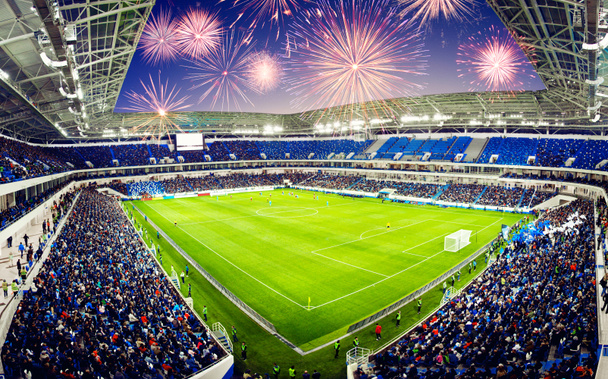 Football stadium, shiny lights, view from field. Soccer concept - Photo, Image