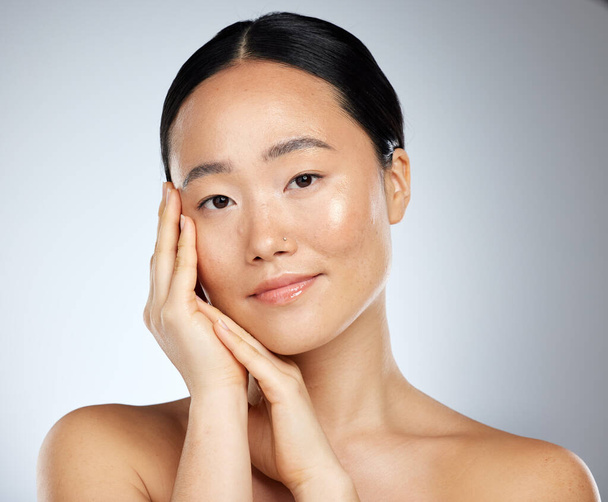 Beauty brand, skincare and dermatology treatment with woman using asian product routine for clean and healthy face and skin. Portrait of happy female model feeling luxury cosmetics results on body. - 写真・画像