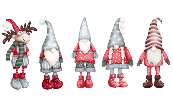 Набор скандинавских рождественских гномов и оленей, клипарт рождественских зимних гномов, изолированная иллюстрация на белом фоне - Фото, изображение