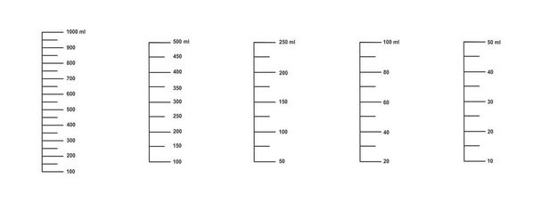Set weegschalen met 1 liter, 500, 250, 100 en 50 ml vloeibaar volume voor het meten van bekers of kruiken om koken te bereiden. Vector overzicht illustratie. - Vector, afbeelding