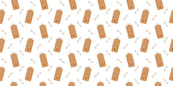 Glazed gingerbread houses background. Traditional winter biscuit cookies with ornament seamless pattern. Christmas or New Year scrapbooking or wrapping paper or fabric design. Vector flat illustration - Vector, Image