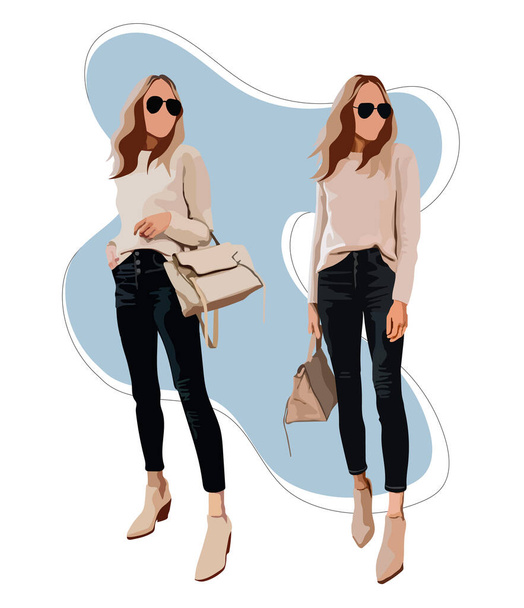 Collection of stylish young women dressed in trendy clothes. Set of fashionable casual and formal outfits. Bundle of cute girls standing in different poses. Flat cartoon colorful vector illustration. - Vecteur, image