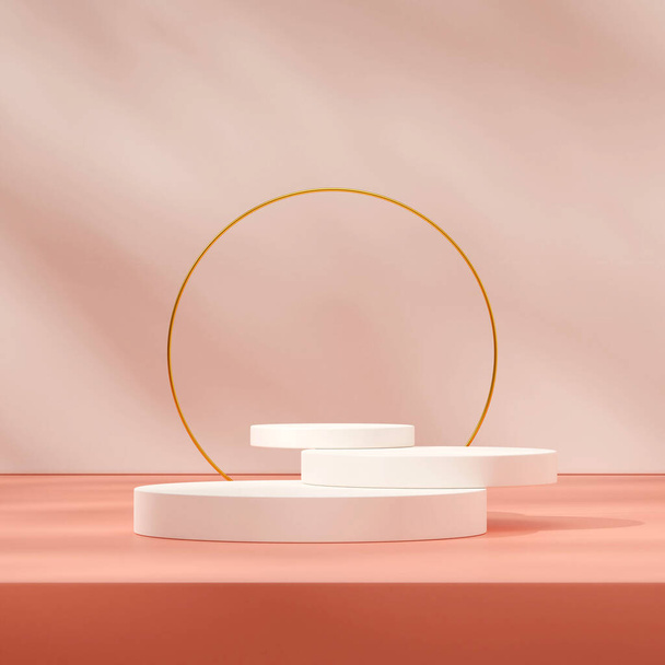 Image 3D rendre scène maquette de podium empilée blanche en carré avec anneau d'or et plancher rose - Photo, image
