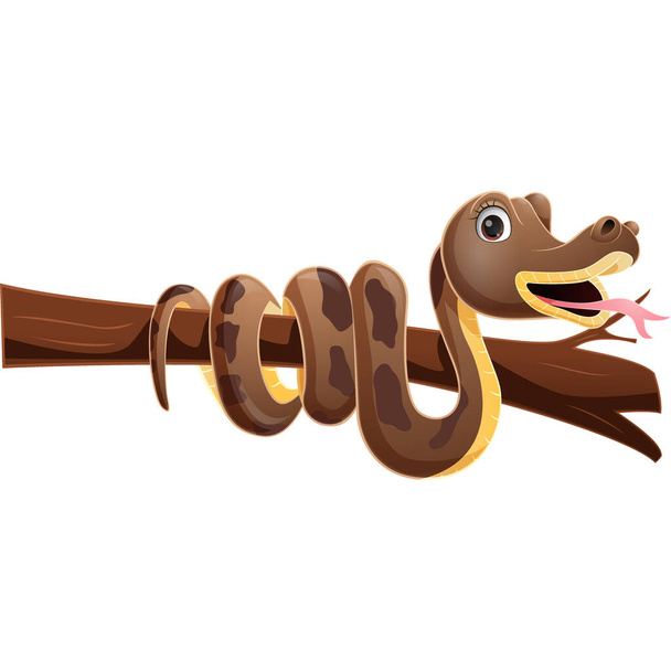 Векторная иллюстрация симпатичной коричневой змеи на ветке дерева - Вектор,изображение