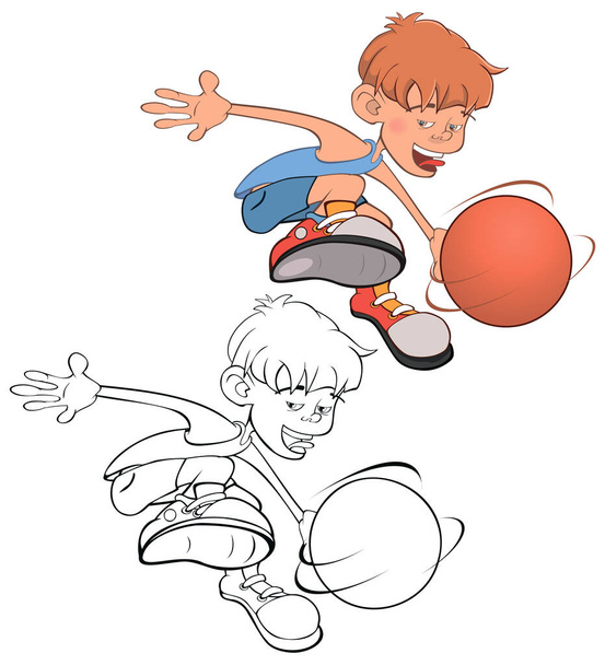 Vector Illustration of Cute Little Boy. Basketball player. Coloring Book.  - Wektor, obraz