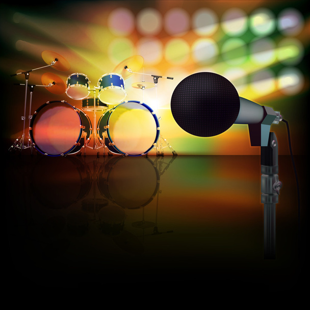 абстрактный музыкальный фон с барабанной установкой и микрофоном
 - Вектор,изображение