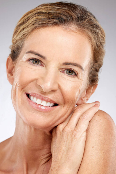 Beauty, anti aging and wrinkles, skincare and woman, natural cosmetic and aged skin, face and body care advertising portrait. Mature model smile, facial treatment and wellness with studio background. - Φωτογραφία, εικόνα