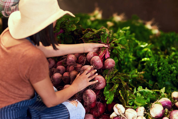 Fresh and organically made by nature. a young female farmer picking bunches of fresh beetroot outdoors in the fields at her farm - Foto, immagini