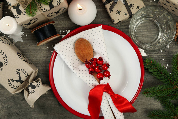 Concept of Happy New Year, Christmas table setting, top view - Photo, Image