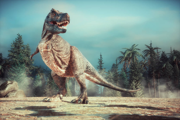 Tyrannosaurus rex a völgyben. Ez egy 3D renderelés illusztráció. - Fotó, kép