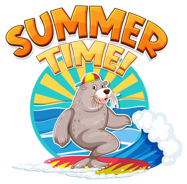 Seal cartoon character with summer time word illustration - Vector, imagen