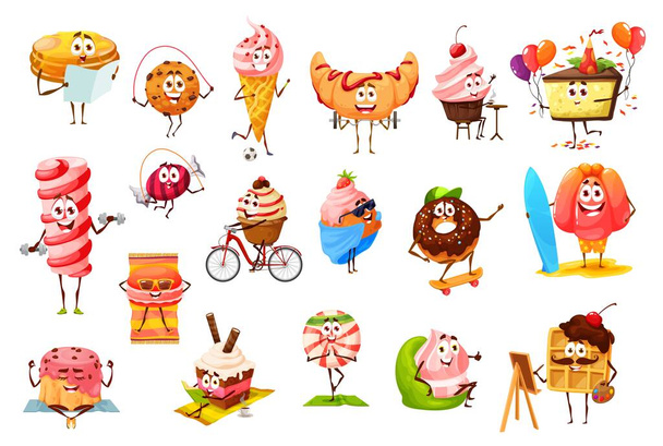 漫画のお菓子、キャンディー、デザート、クッキー、パン屋さんのキャラクター。ベクトルパンケーキとアイスクリーム、クロワッサン、マフィンとパイ、プリン、キャラメル、メレンゲ、ワッフル、ドーナツとマカロン、カップケーキとトフィー - ベクター画像
