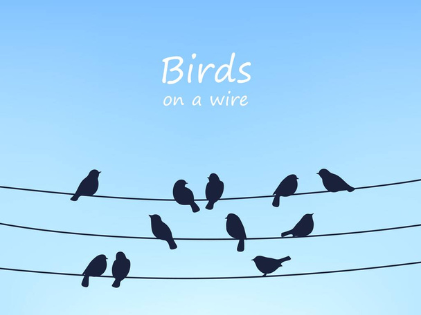 Sperlingsvögel schwärmen auf Stromleitungen und Drähten aus. Vektor-Design mit schwarzen Vogelsilhouetten, die auf Kabeln vor blauem Himmel sitzen. Tiere in der Natur, Tierwelt, ökologisches Cartoon-Poster - Vektor, Bild
