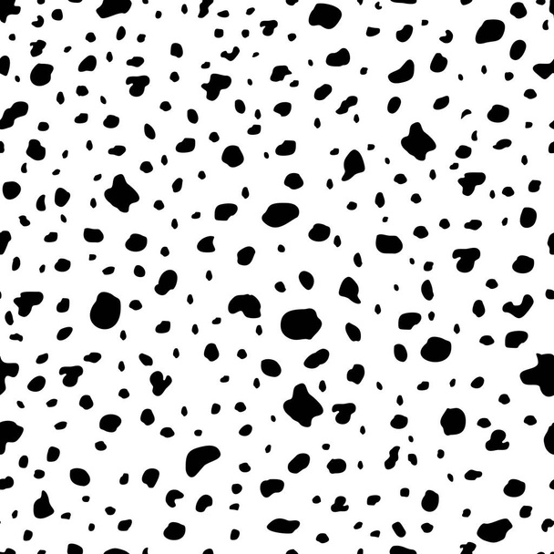 Δαλματίας ή αγελάδα αδιάλειπτη μοτίβο, διάνυσμα φόντο με μαύρες κηλίδες σε λευκό φόντο. Λεπτομερές δέρμα ζώου στίγματα, κηλίδες γούνας σκύλου. Εκτύπωση για ύφασμα, υφή παιχνιδιού, ύφασμα ή μοτίβο - Διάνυσμα, εικόνα