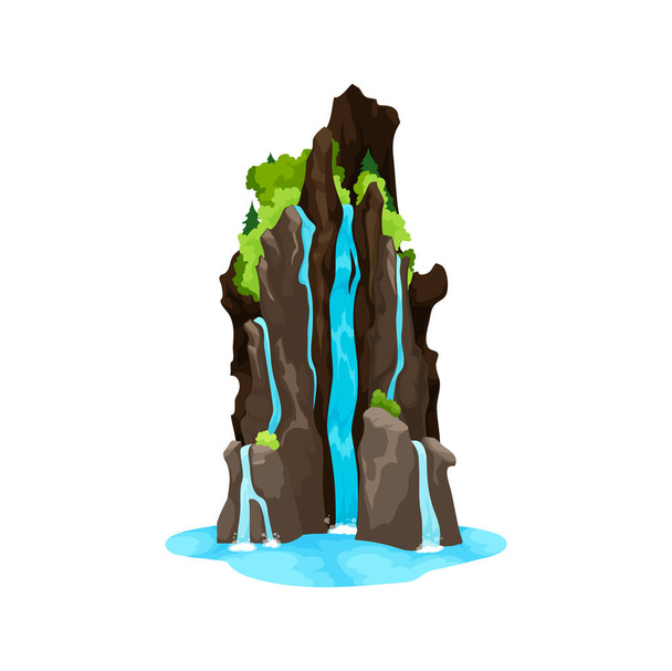 Sarjakuva vesiputous ja vesi kaskadi. Vektorin roiskeita ja suihkukoneita putoamassa kalliosta vihreällä kasvillisuudella. Eristetty useita virtoja, luonnonympäristö tai puiston sisustus - Vektori, kuva