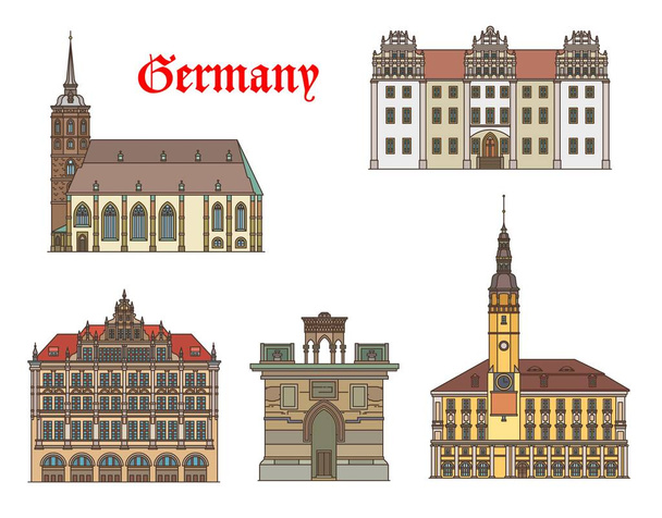 ゴルリッツとボーツェンのドイツの建物、ベクトル建築。ザクセン州の聖ピーター大聖堂、オルテンブルク城と聖セプチュール、ラタウスや町役場のドイツ旅行ランドマーク建物 - ベクター画像
