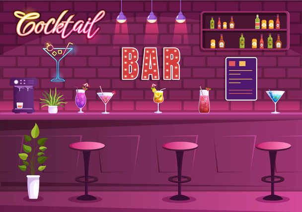 Bar de cócteles o discoteca con amigos pasando el rato con bebidas alcohólicas de zumo de fruta o cócteles en una plantilla de dibujos animados dibujada a mano plana Ilustración - Vector, Imagen