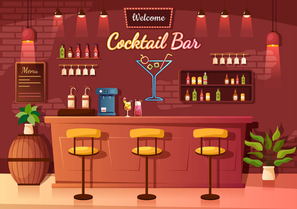 Cocktail Bar ή νυχτερινό κέντρο διασκέδασης με φίλους παρέα με αλκοολούχα ποτά χυμό φρούτων ή κοκτέιλ στο επίπεδο χέρι ζωγραφισμένα καρτούν πρότυπο εικονογράφηση - Διάνυσμα, εικόνα