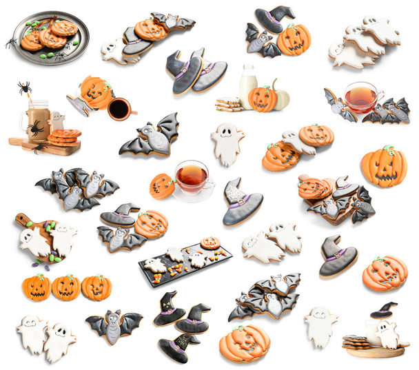 Set of tasty Halloween cookies isolated on white - Photo, image